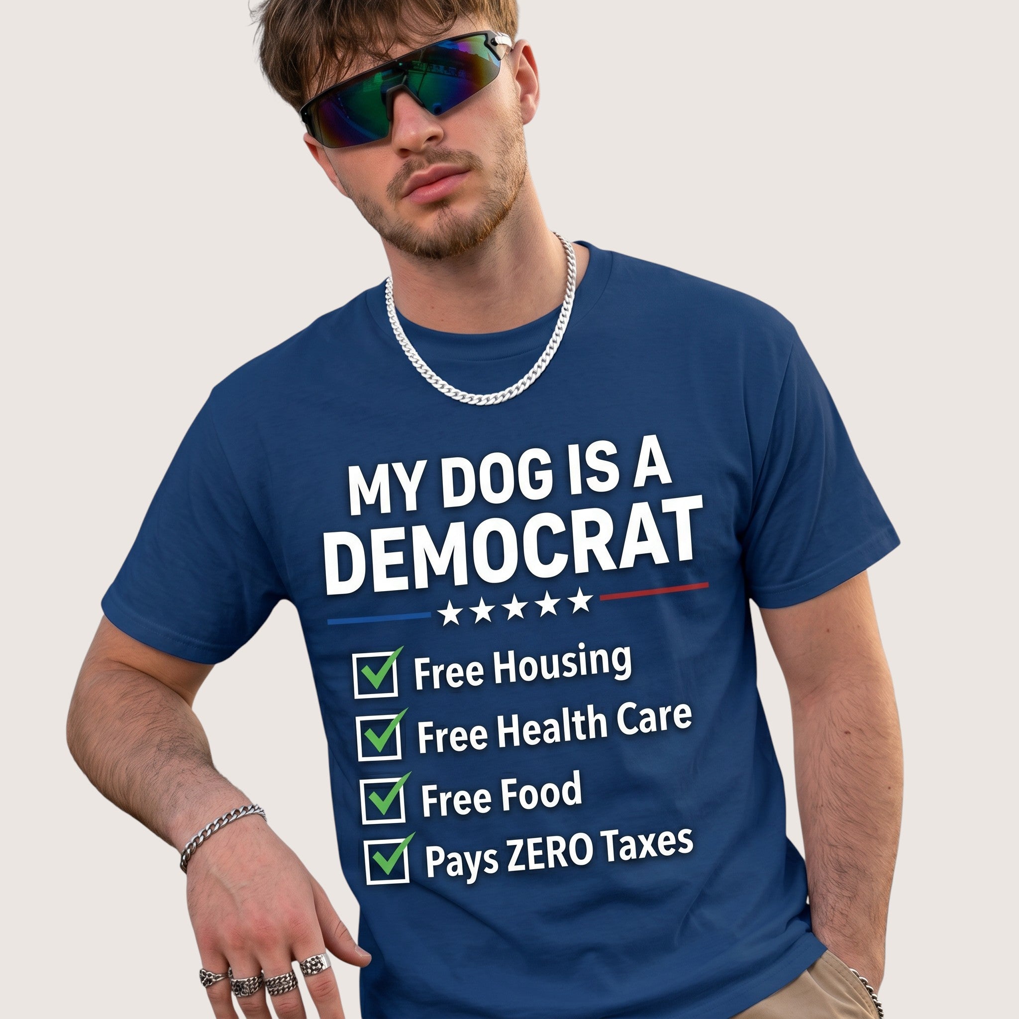 TrendyShift.Com unisex blue cotton t-shirt with My Dog is a Democrat political humor graphic print