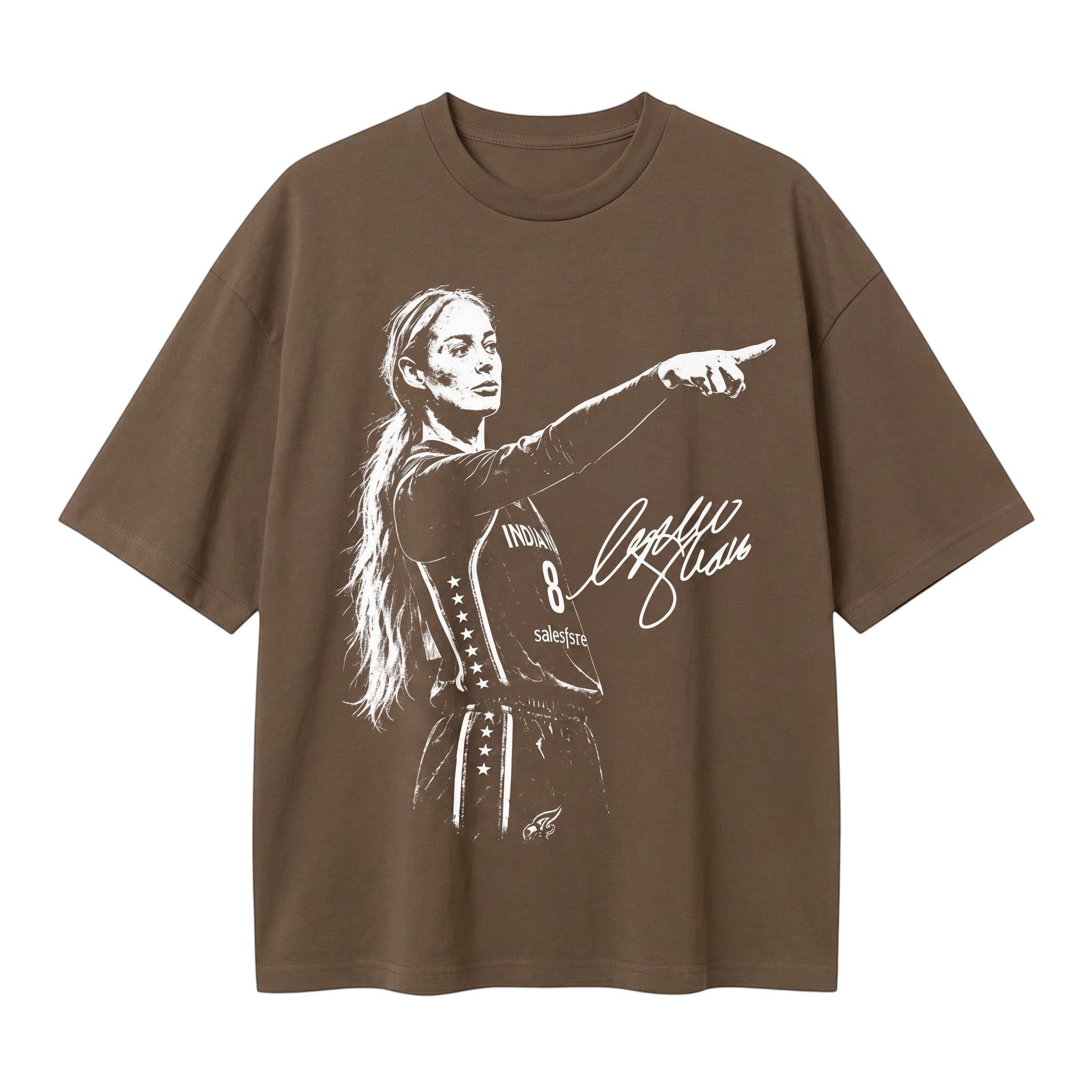 TrendyShift.Com brown oversized basketball t-shirt featuring a white graphic of a female player pointing.