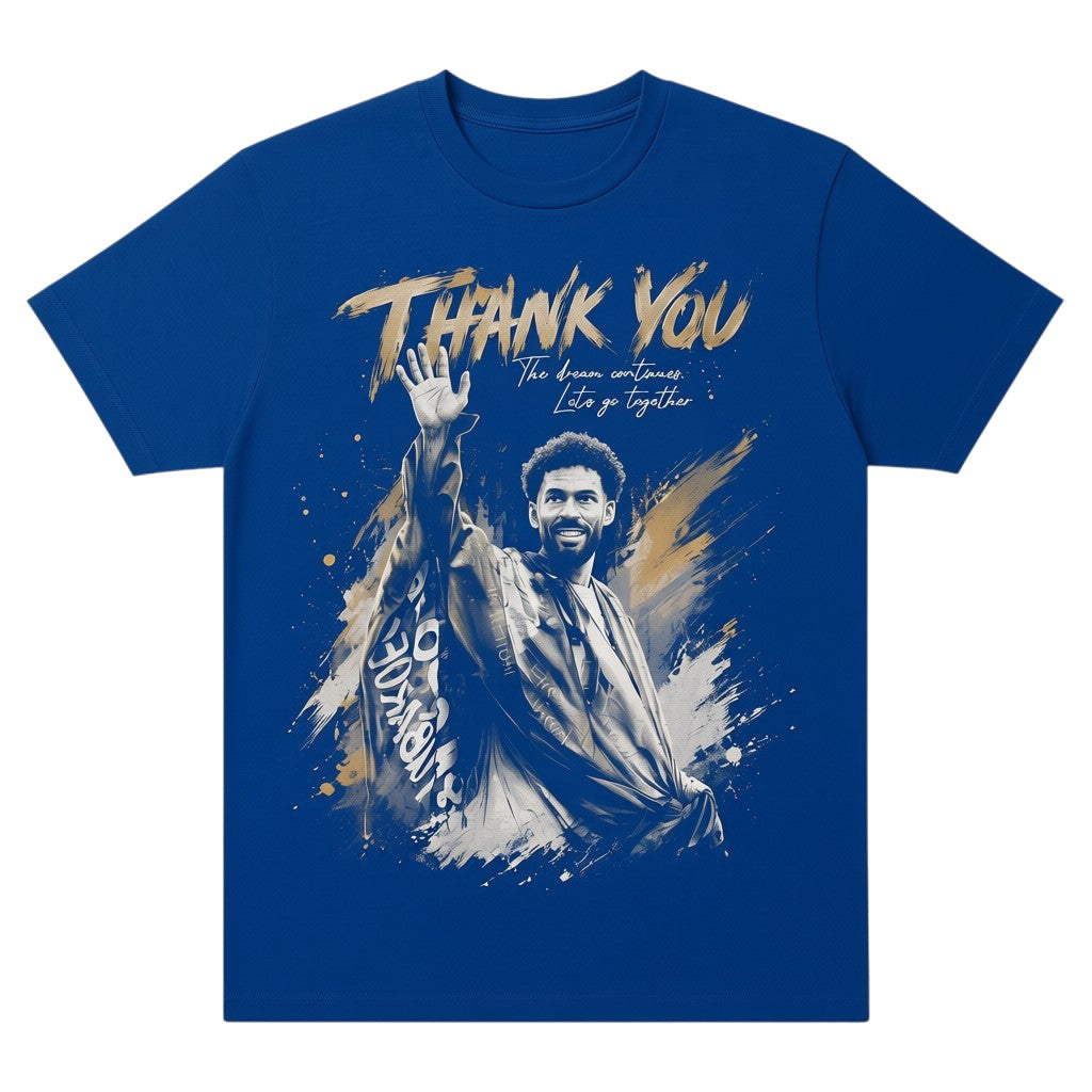 TrendyShift.Com blue unisex tribute t-shirt featuring a goalkeeper farewell graphic and Thank You text