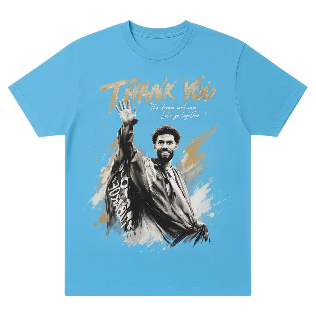 TrendyShift.Com light blue unisex tribute t-shirt featuring a goalkeeper farewell graphic with gold text and illustration.