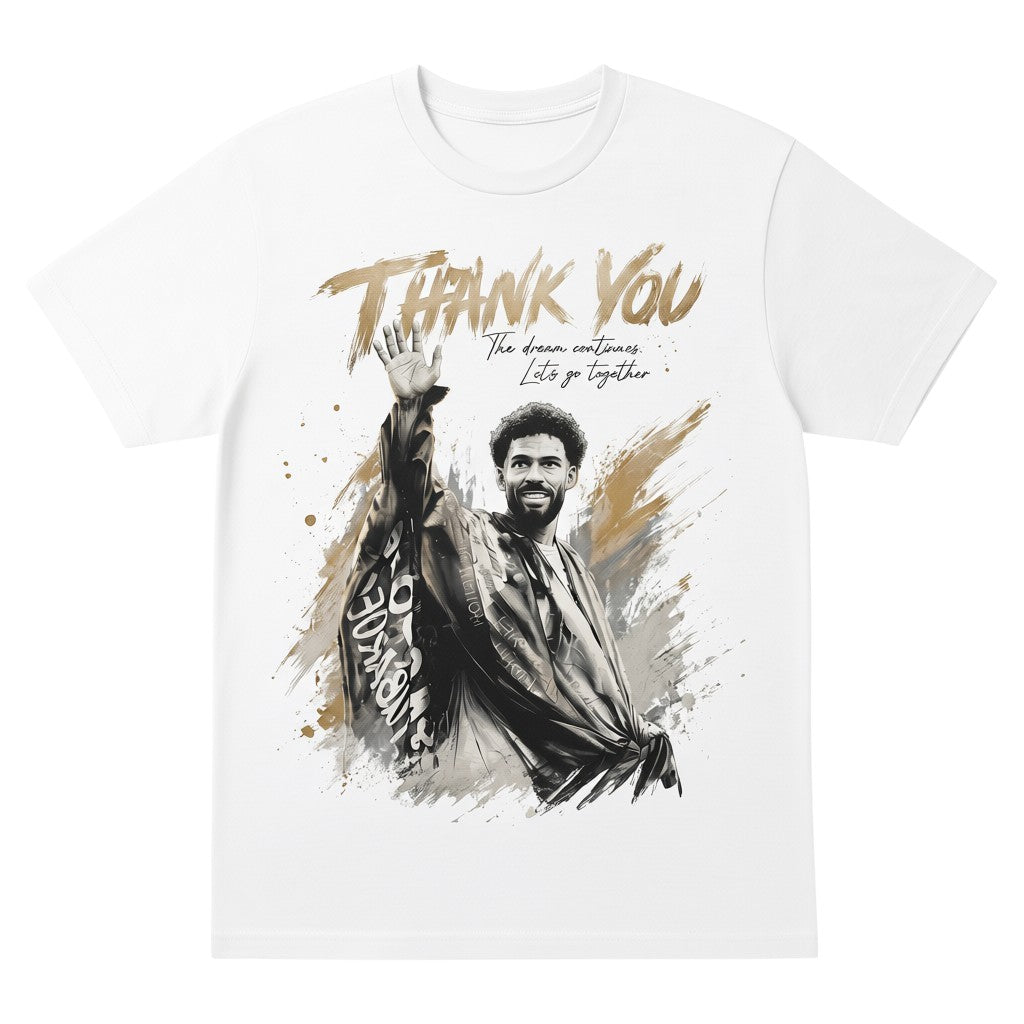 TrendyShift.Com white unisex tee featuring a graphic of a goalkeeper waving goodbye with Thank You text design.