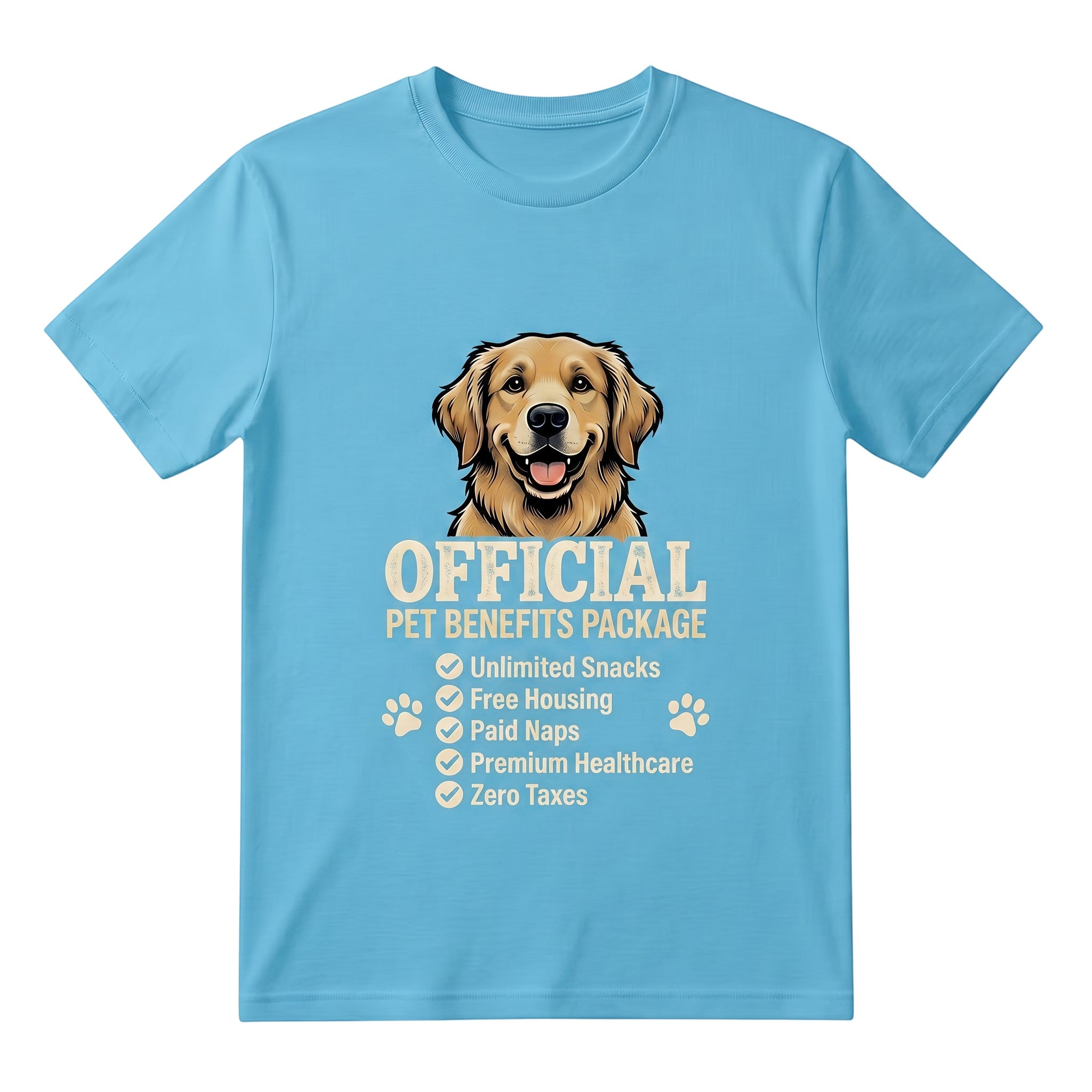 TrendyShift.Com light blue unisex cotton t-shirt featuring a golden retriever and Official Pet Benefits Package graphic.