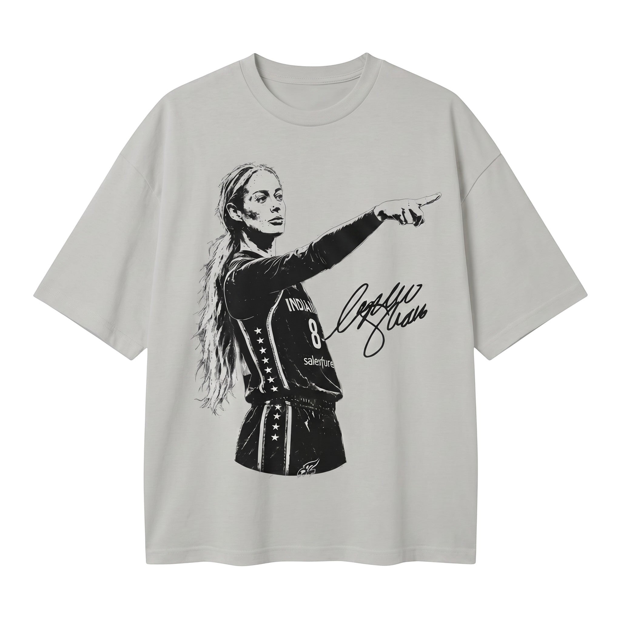 TrendyShift.Com grey oversized t-shirt featuring a black graphic illustration of a basketball player pointing.