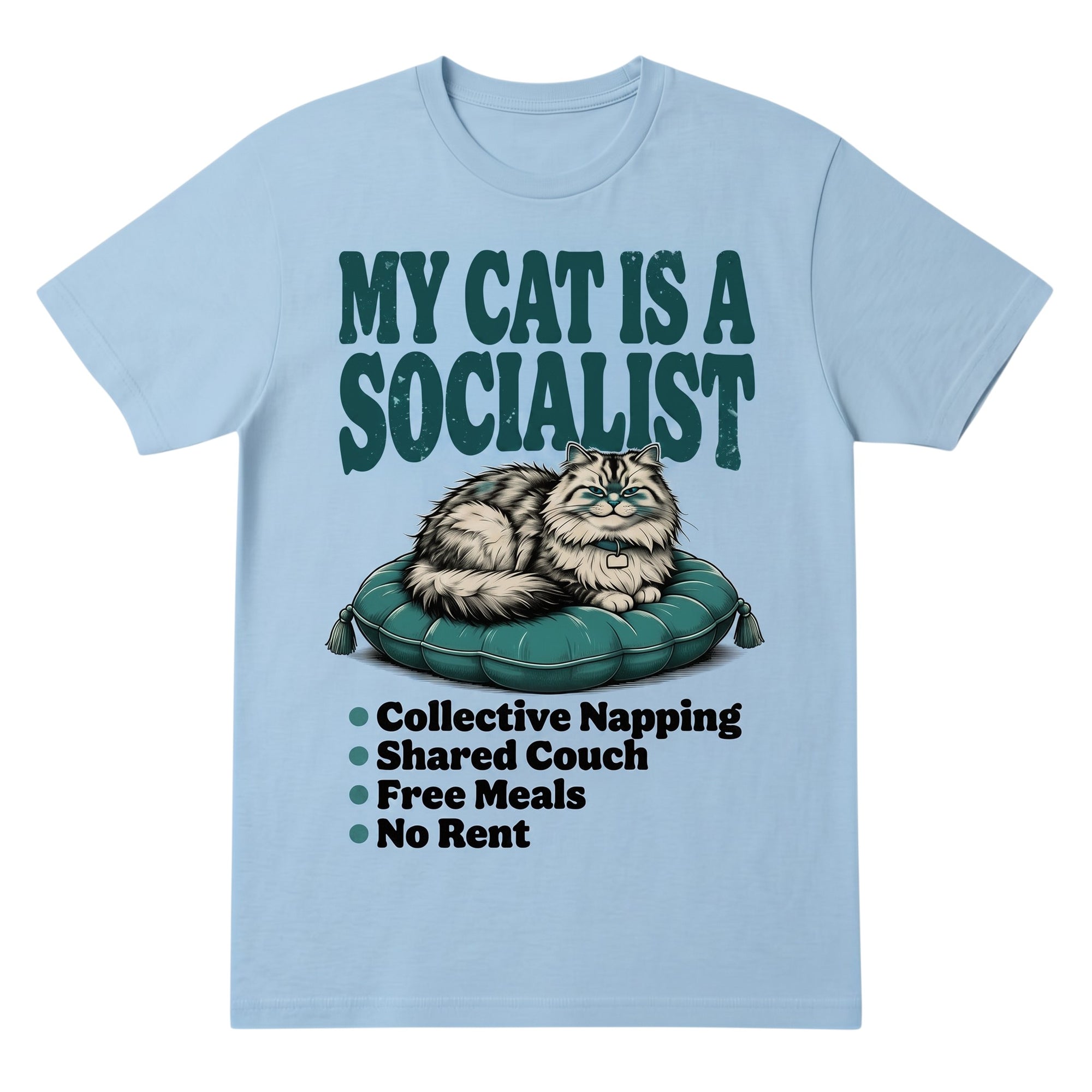 TrendyShift.Com light blue cotton graphic tee featuring a cat illustration and My Cat Is a Socialist text design.