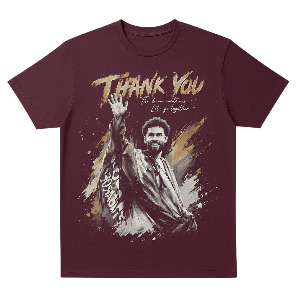TrendyShift.Com maroon unisex tee featuring a graphic of a goalkeeper waving goodbye with Thank You text.