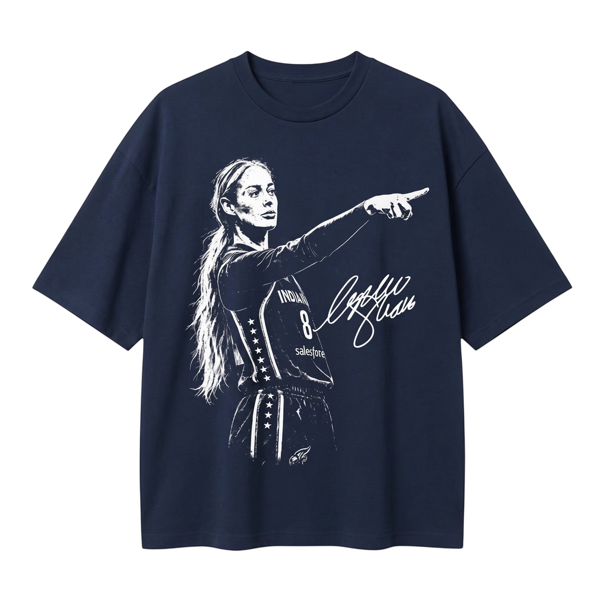 TrendyShift.Com navy blue cotton t-shirt featuring a white graphic of a female basketball player pointing.