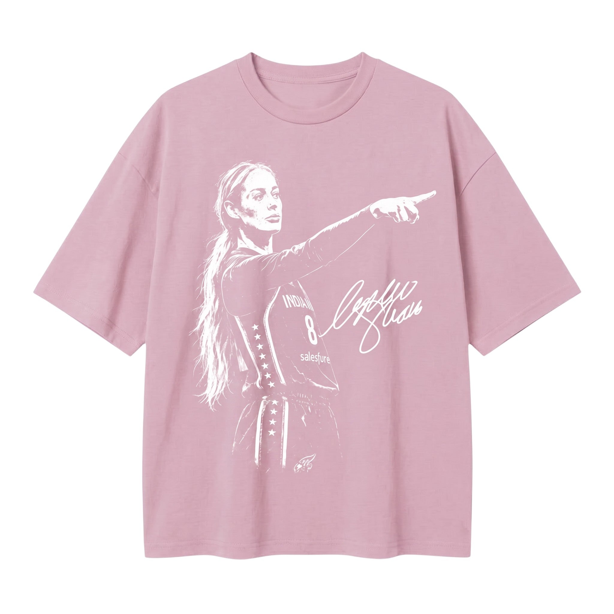 TrendyShift.Com light pink oversized t-shirt featuring a white graphic print of a basketball player pointing.
