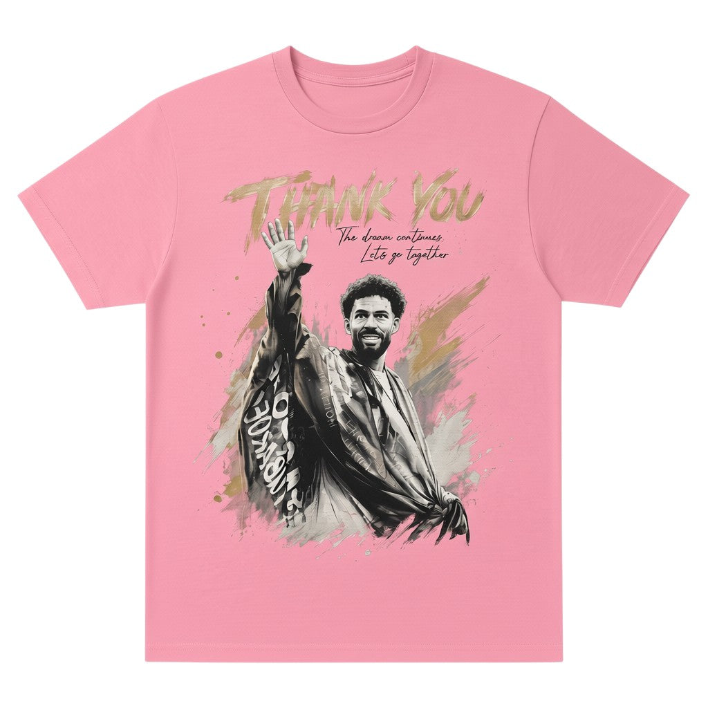 TrendyShift.Com pink unisex tee featuring a graphic of a goalkeeper waving goodbye with Thank You text