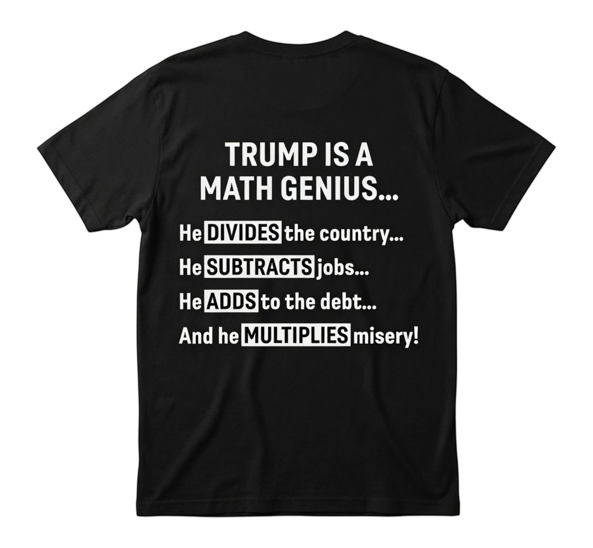 TrendyShift.Com black unisex t-shirt featuring white text about political math humor on the back
