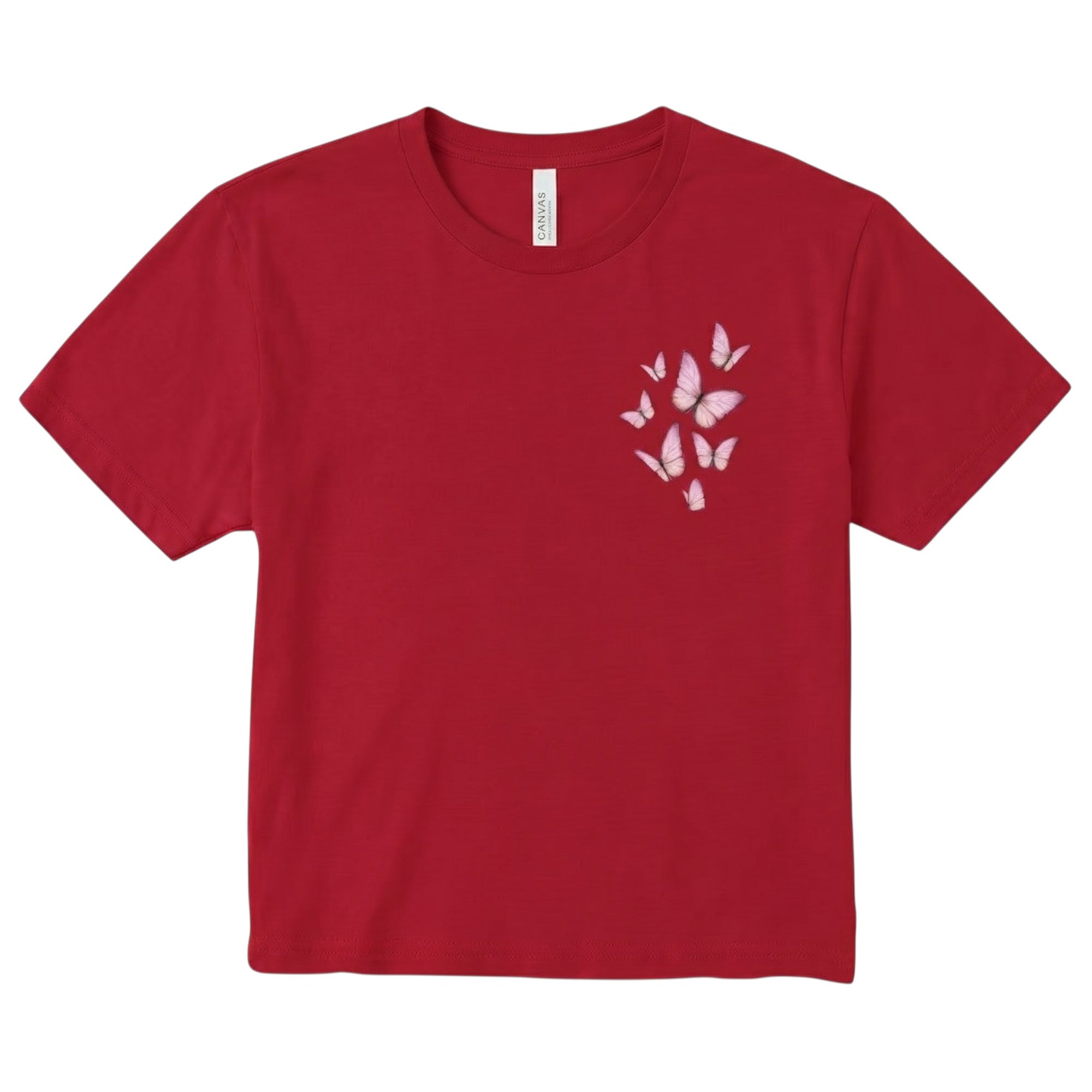 TrendyShift.Com red cropped crewneck t-shirt with a delicate pink butterfly graphic on the chest