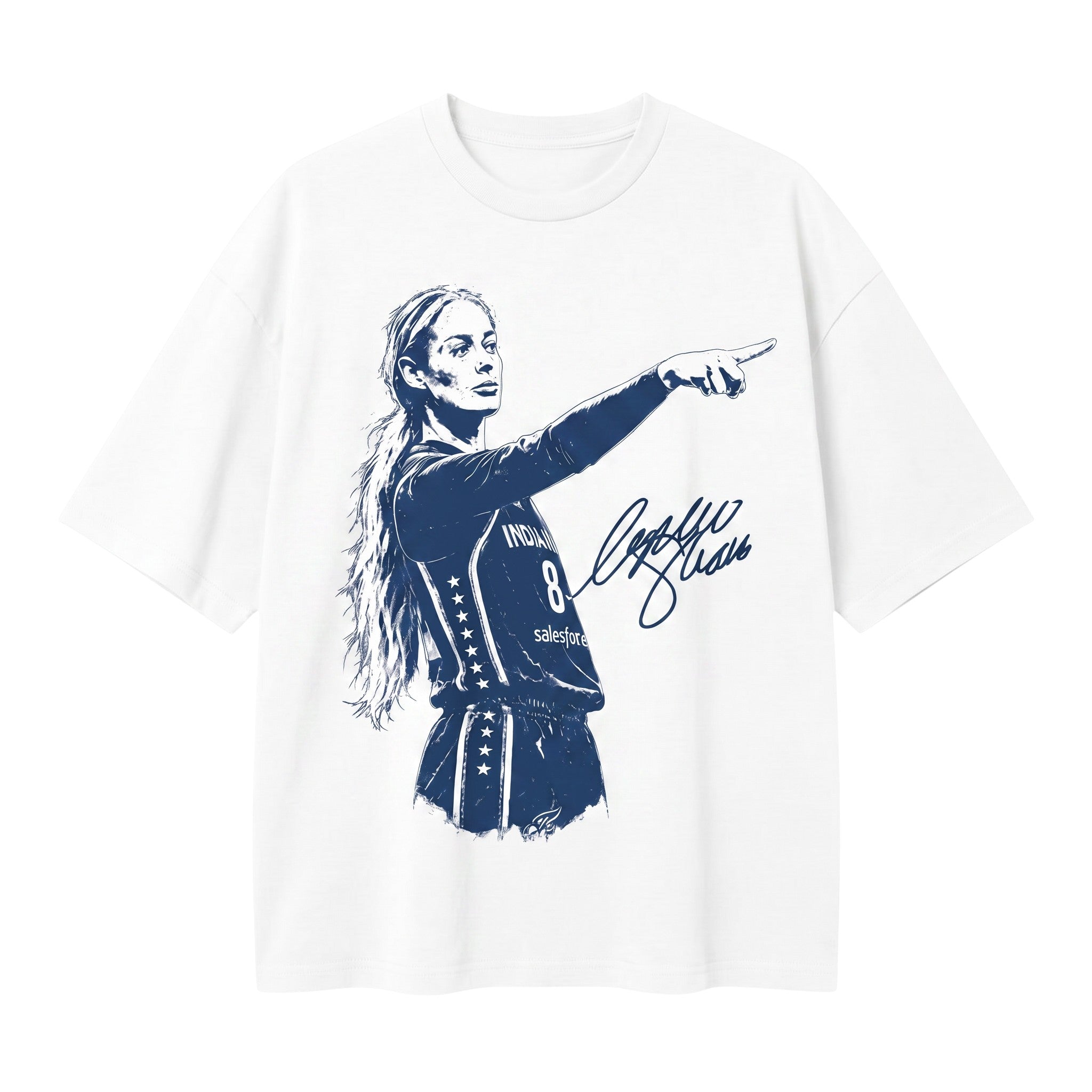 TrendyShift.Com white cotton t-shirt featuring a blue graphic illustration of a basketball player pointing