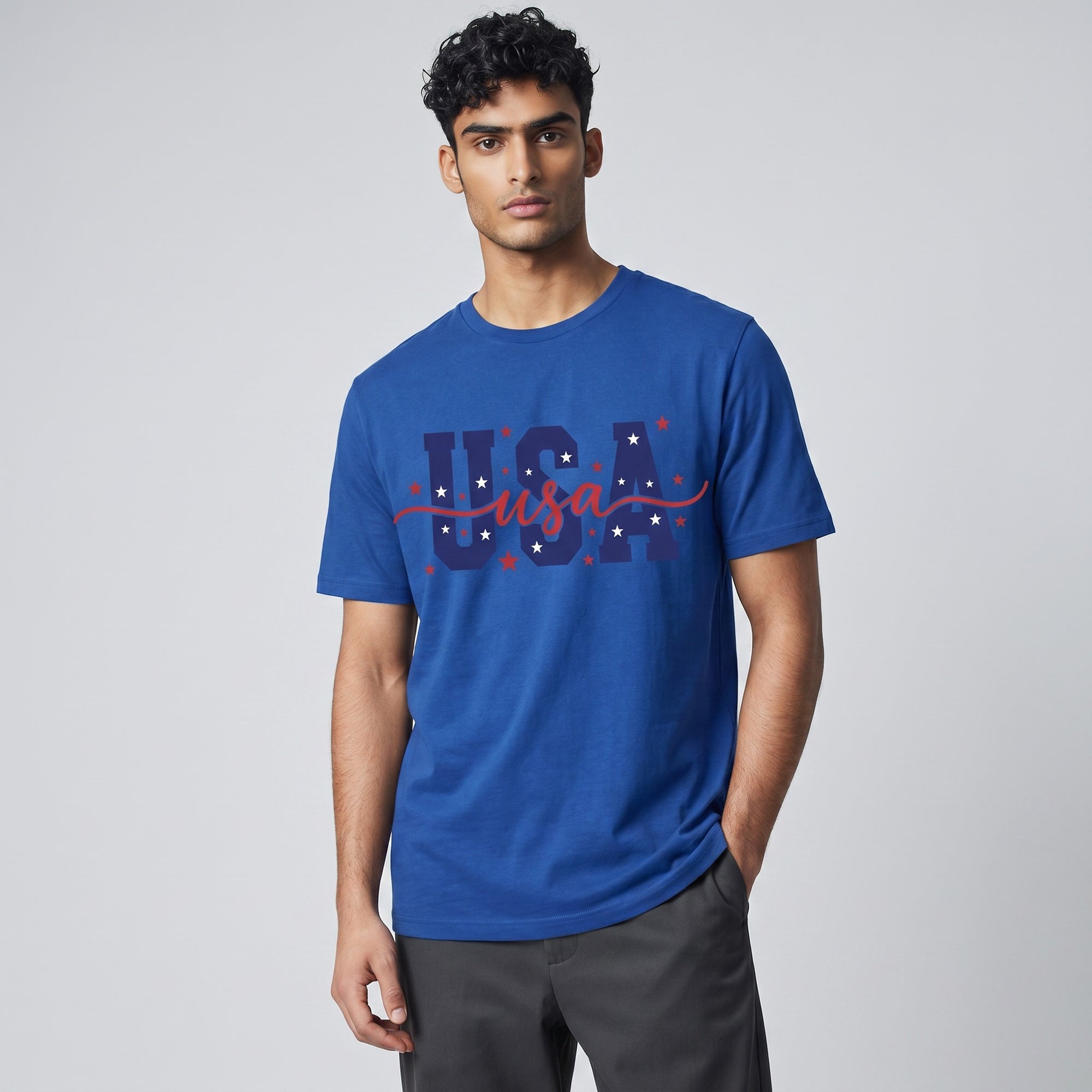TrendyShift.Com unisex blue cotton t-shirt with USA patriotic star graphic and red script lettering on a male model